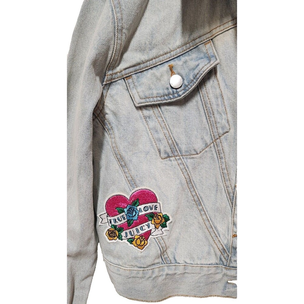 Juicy Couture Womens Y2K Denim Jean Jacket Cabana Wash Tattoo Patches Heart XS - Picture 12 of 16